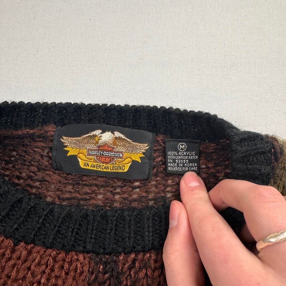 Vintage Harley-Davidson Brown Multicolor Eagle Leather Patch Knit Sweater Size M - Picture 4 of 6